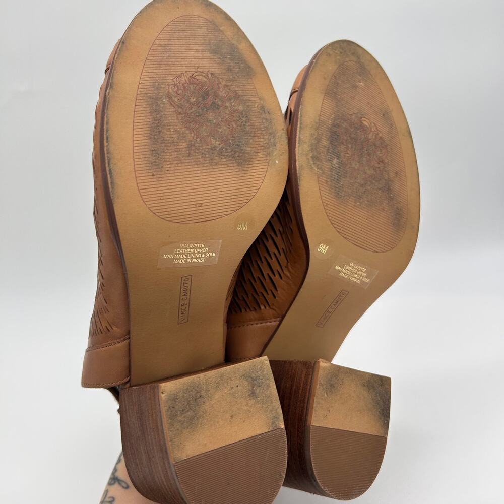 Vince Camuto Lavette Brown Perforated Peep Toe Bootie Block Heel Sandals size 9 - Picture 7 of 8